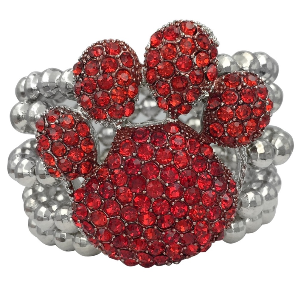 Large Red Rhinestone Paw Print Chunky Statement Silver Beaded Stretch Bracelet
